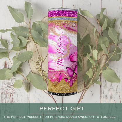 Personalized Teacher Butterfly Glitter Tumbler - Pink Pencil Travel Cup Gift for Educators