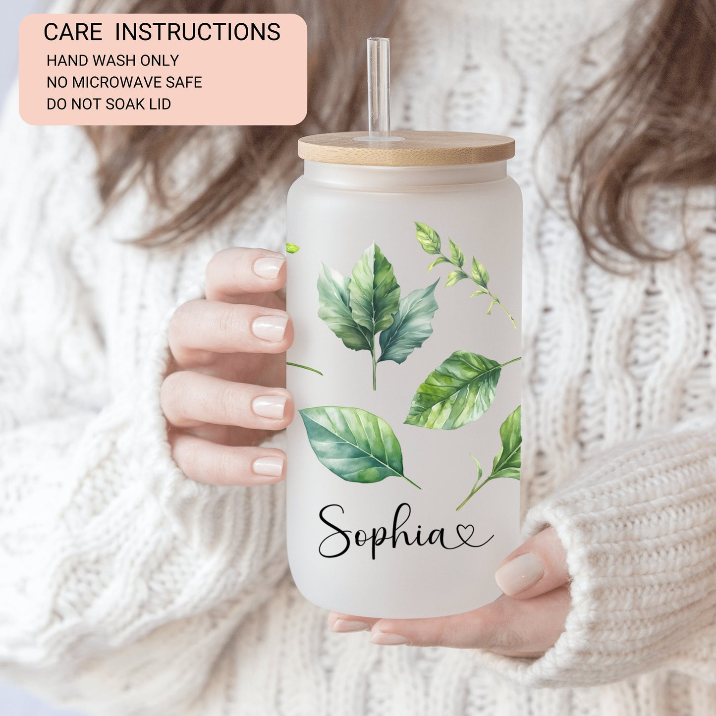 Personalized Green Leaves Frosted Glass Cup - Iced Coffee Tumbler