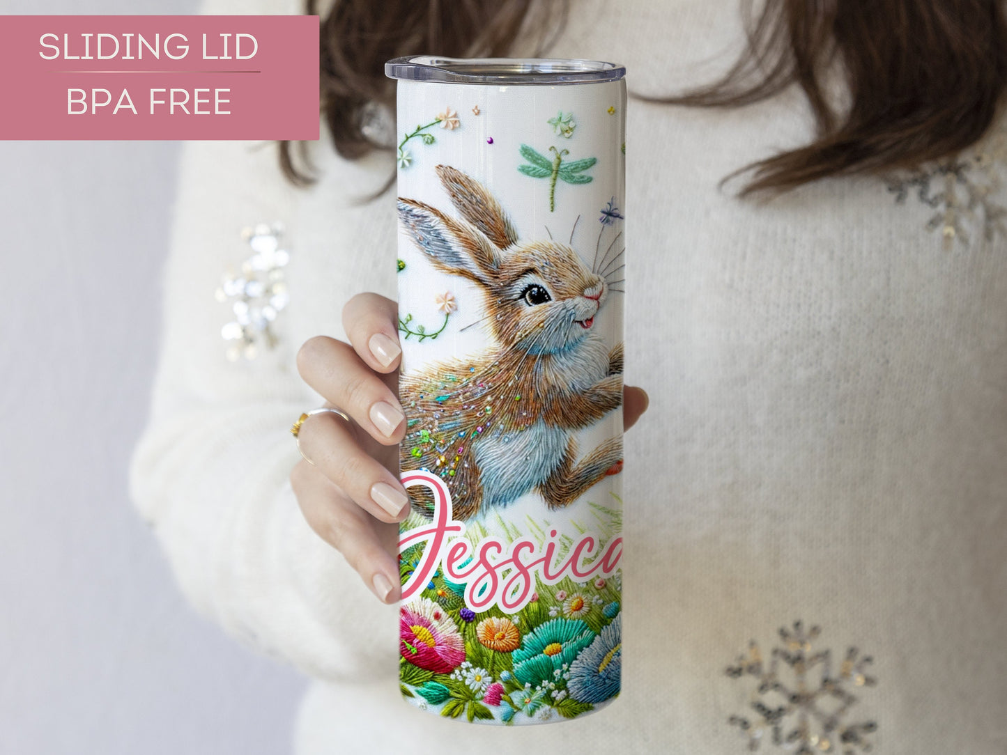 Personalized Rabbit Tumbler - Floral Easter Gift for Rabbit Lovers