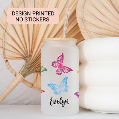 Personalized Butterfly Frosted Glass Cup - Custom Iced Coffee Tumbler for Butterfly Lovers