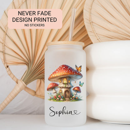 Personalized Mushroom Frosted Glass Cup - Custom Iced Coffee Tumbler