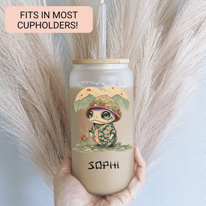 Personalized Japanese Frog Glass Cup - Unique Custom Iced Coffee Gift