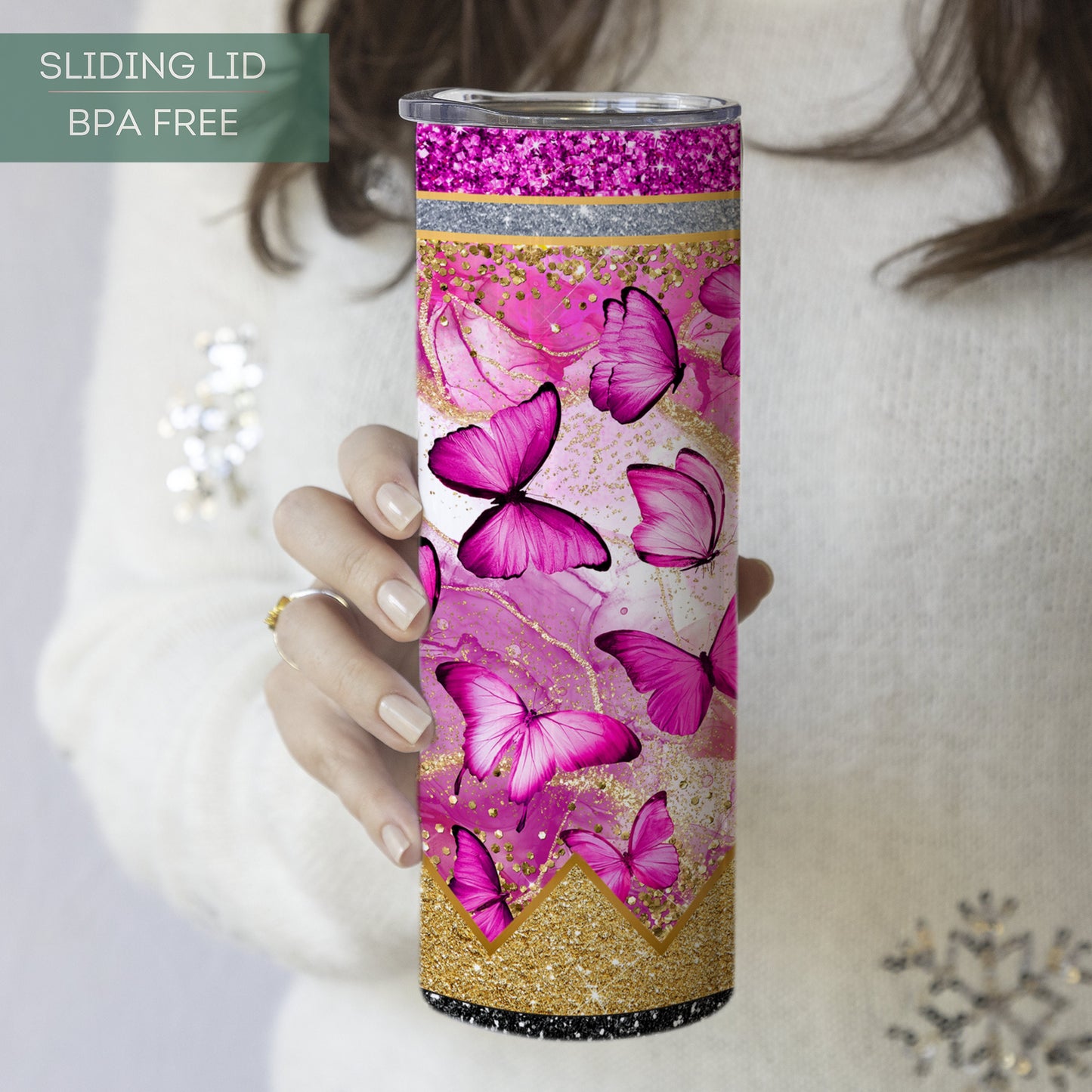 Personalized Teacher Butterfly Glitter Tumbler - Pink Pencil Travel Cup Gift for Educators