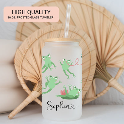 Personalized Frog Frosted Glass Tumbler - Custom Iced Coffee Cup for Frog Lovers
