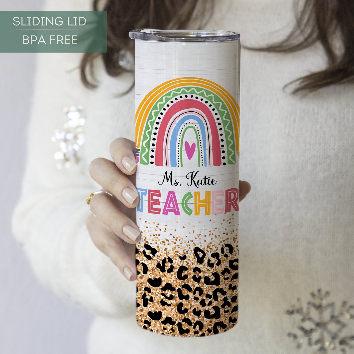 Custom Rainbow Teacher Tumbler - Personalized Travel Cup for Appreciation Gifts