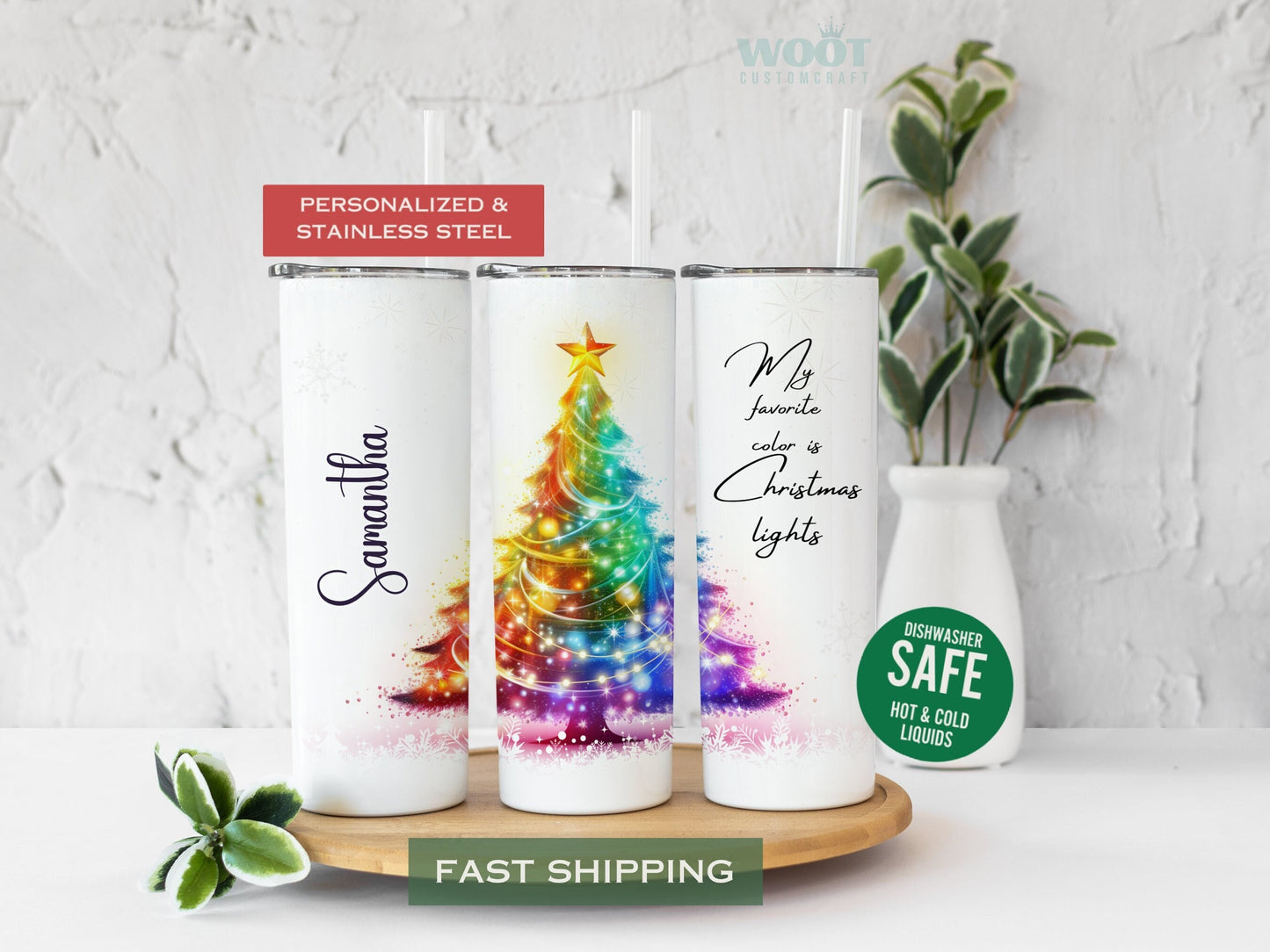 Three tumblers are showing all sides of a Christmas light Tumbler. It is snowing. There is a Christmas tree with Christmas lights in the center, the Text My Favorite Color is Christmas Lights, and a personalized name.