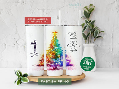 Three tumblers are showing all sides of a Christmas light Tumbler. It is snowing. There is a Christmas tree with Christmas lights in the center, the Text My Favorite Color is Christmas Lights, and a personalized name.