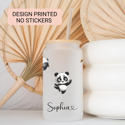 Personalized Frosted Panda Glass Cup - Custom Iced Coffee Tumbler for Panda Lovers