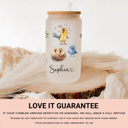 Personalized Funny Bird Glass Cup - Custom Frosted Tumbler for Iced Coffee