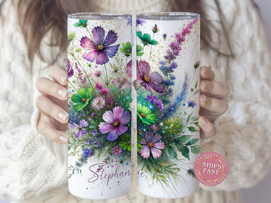 Personalized Floral Tumbler - Cosmos Flower Spring Gift for Her or Mom