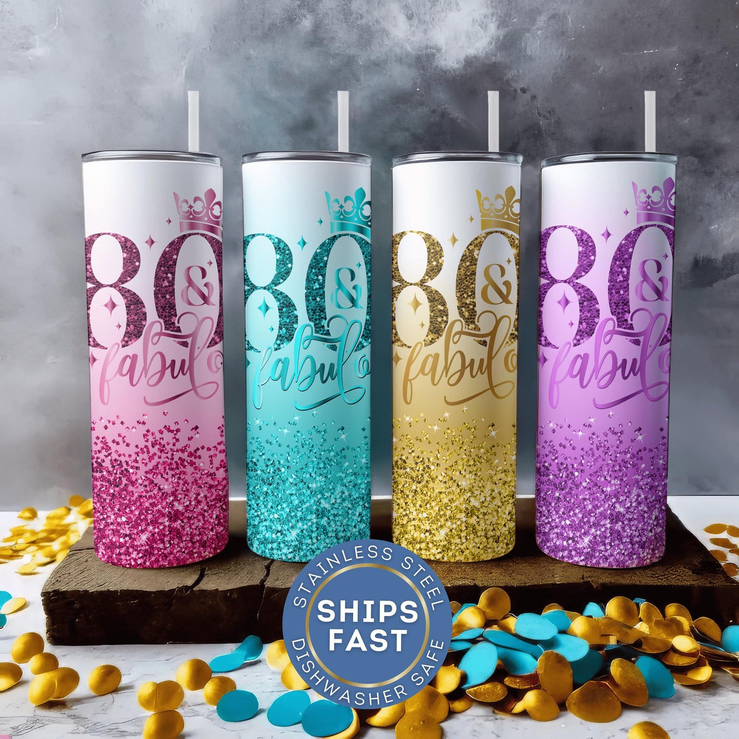 Personalized 80th Birthday Tumbler - Glitter Travel Cup Gift for Her