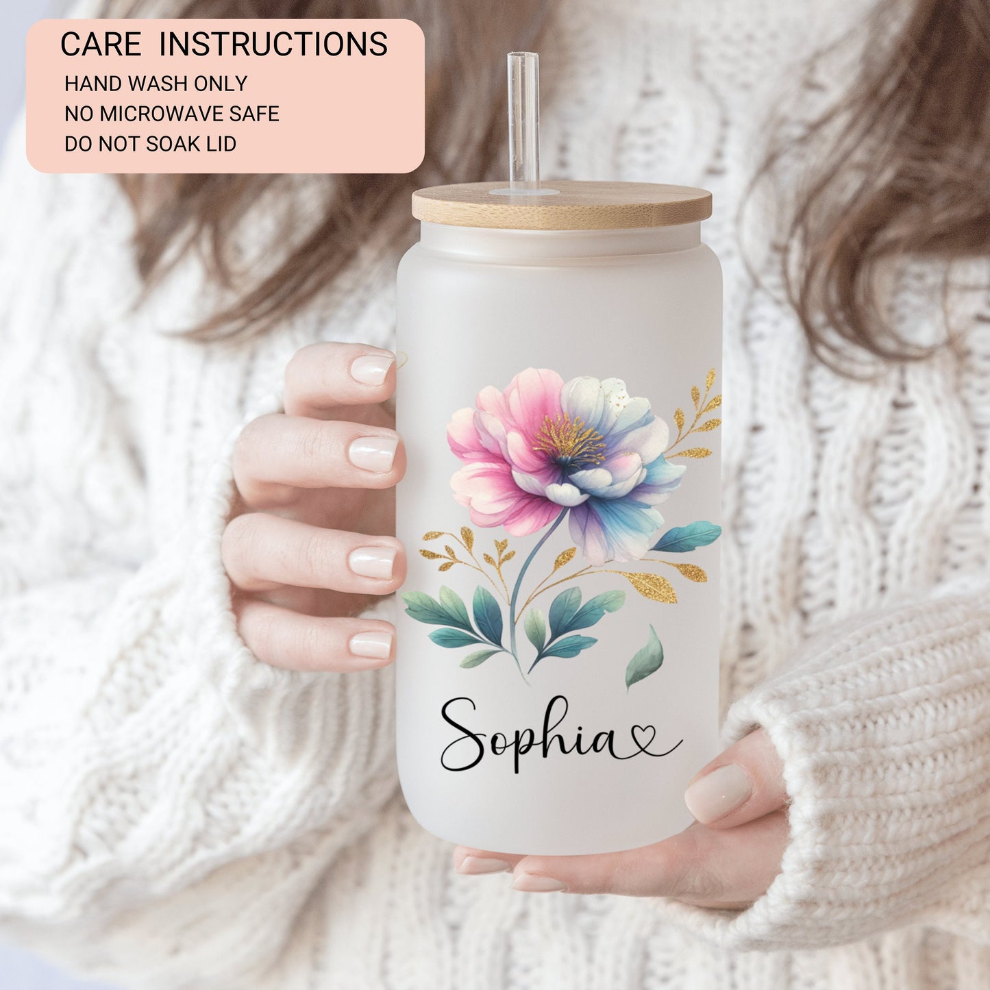 Custom Pastel Floral Frosted Glass Cup - Stylish Iced Coffee Tumbler