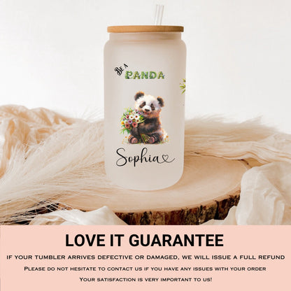 Personalized Panda Glass Cup - Custom Frosted Tumbler for Coffee Lovers