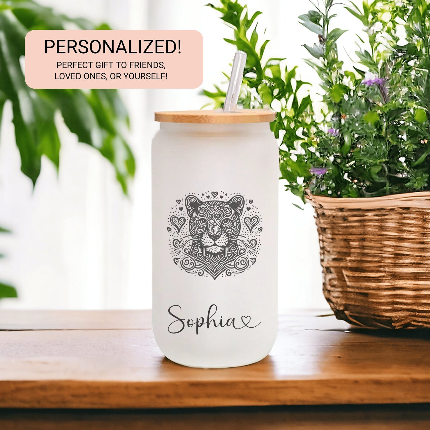 Personalized Jaguar Frosted Glass Cup - Custom Iced Coffee Tumbler for Jaguar Lovers