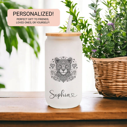 Personalized Jaguar Frosted Glass Cup - Custom Iced Coffee Tumbler for Jaguar Lovers