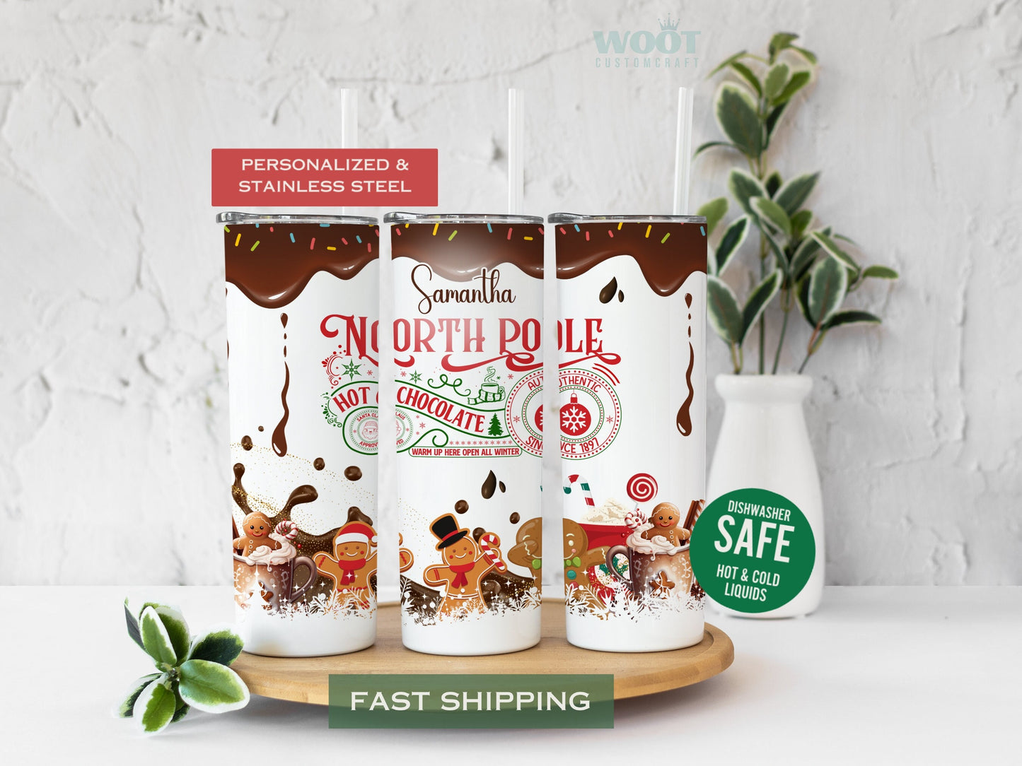 Three tumblers are showing all sides of a Christmas Tumbler. There is an image with the text North Pole, Hot Chocolate.  There are Gingerbread and hot Chocolate mugs. There are chocolate drips with sprinkles on the top and a personalized name.