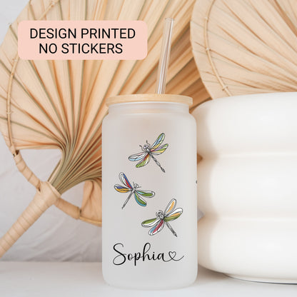 Personalized Dragonfly Glass Tumbler - Custom Iced Coffee Cup