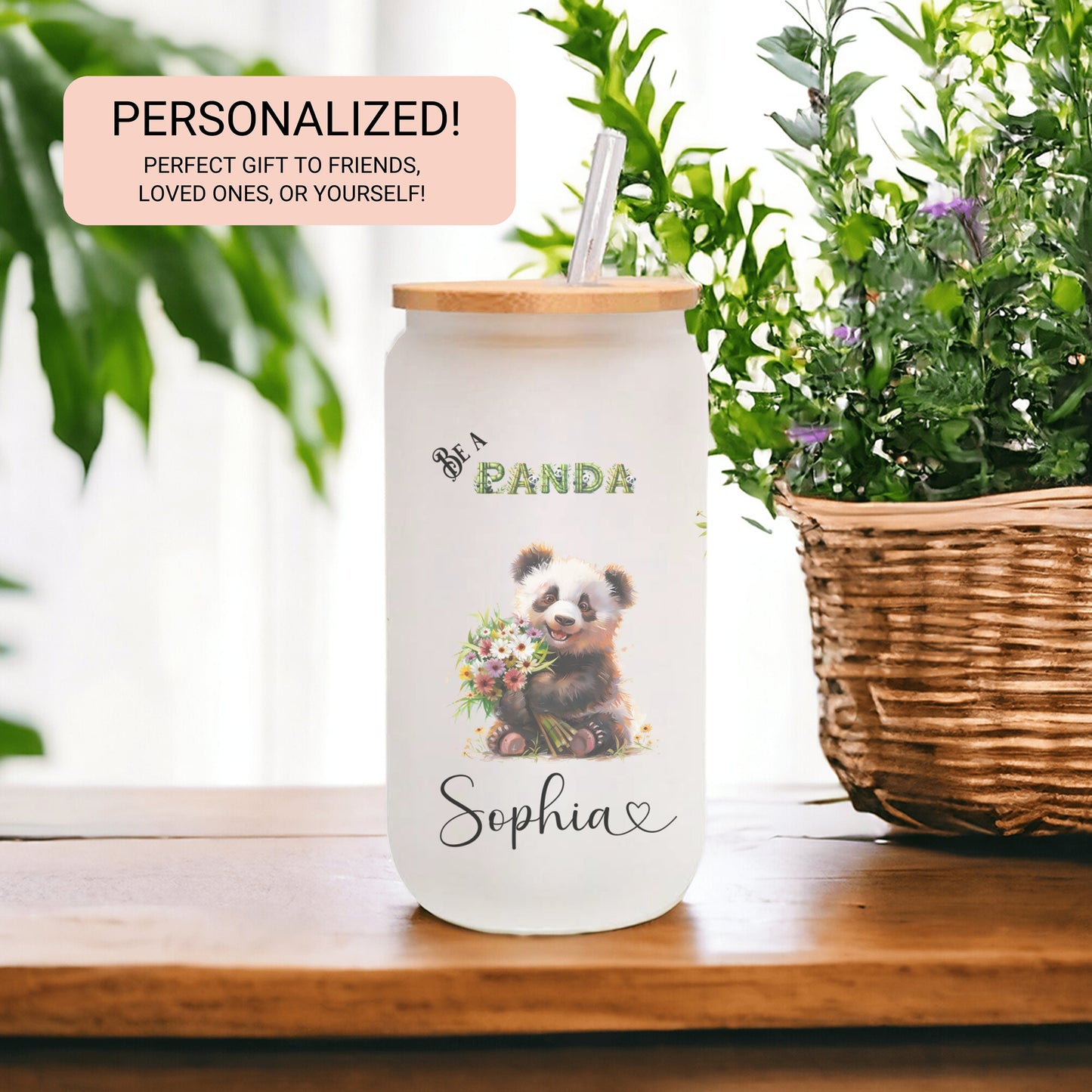 Personalized Panda Glass Cup - Custom Frosted Tumbler for Coffee Lovers
