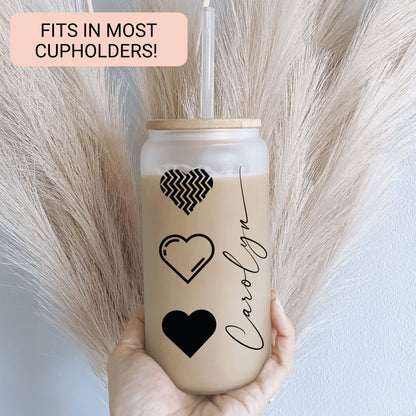 Heart Cup Personalized, B&W Heart Glass Cup, Custom Heart Frosted Glass Cup, Heart Glass Tumbler B and W, Heart Iced Coffee Cup Love Cup