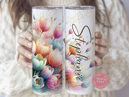 Personalized Floral Tumbler - Custom Name Gift with Spring Flower Design