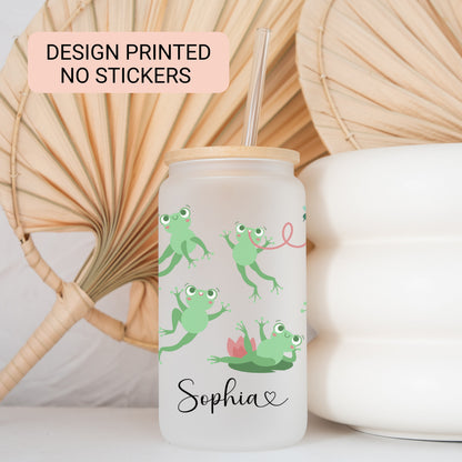 Personalized Frog Frosted Glass Tumbler - Custom Iced Coffee Cup for Frog Lovers