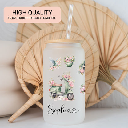 Personalized Romantic Frosted Glass Tumbler - Custom Floral Iced Coffee Cup