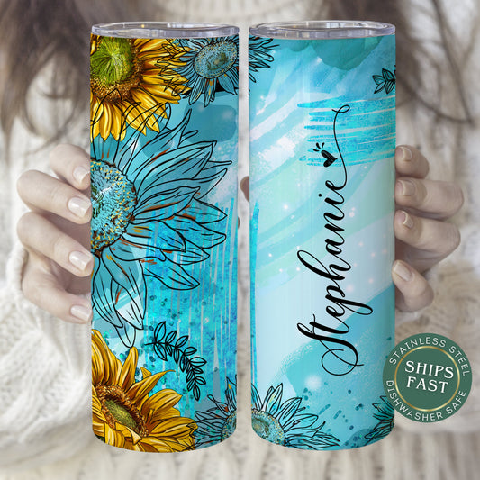 Personalized Teal Sunflower Tumbler - Custom Gift for Women