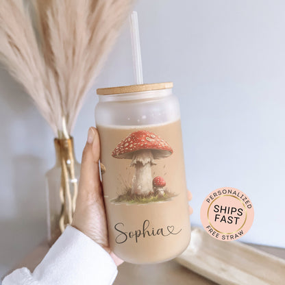 Personalized Retro Mushroom Frosted Glass Cup - Custom Tumbler for Iced Drinks
