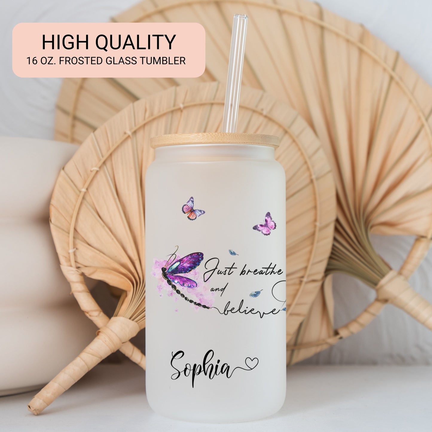 Personalized Dragonfly Frosted Tumbler - Just Breathe Iced Coffee Gift