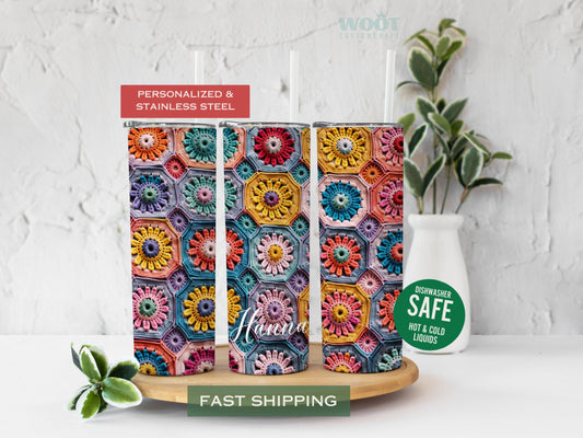 Three tumblers are showing all sides of the crochet tumbler with a personalized
