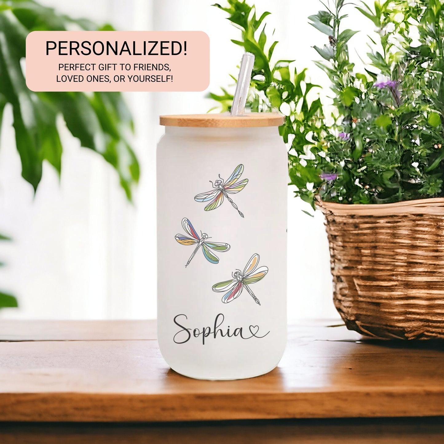 Personalized Dragonfly Glass Tumbler - Custom Iced Coffee Cup