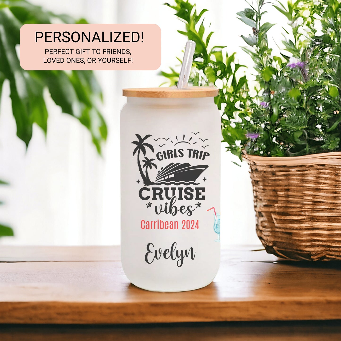 Personalized Frosted Glass Cup - Custom Cruise Tumbler for Girls Trip