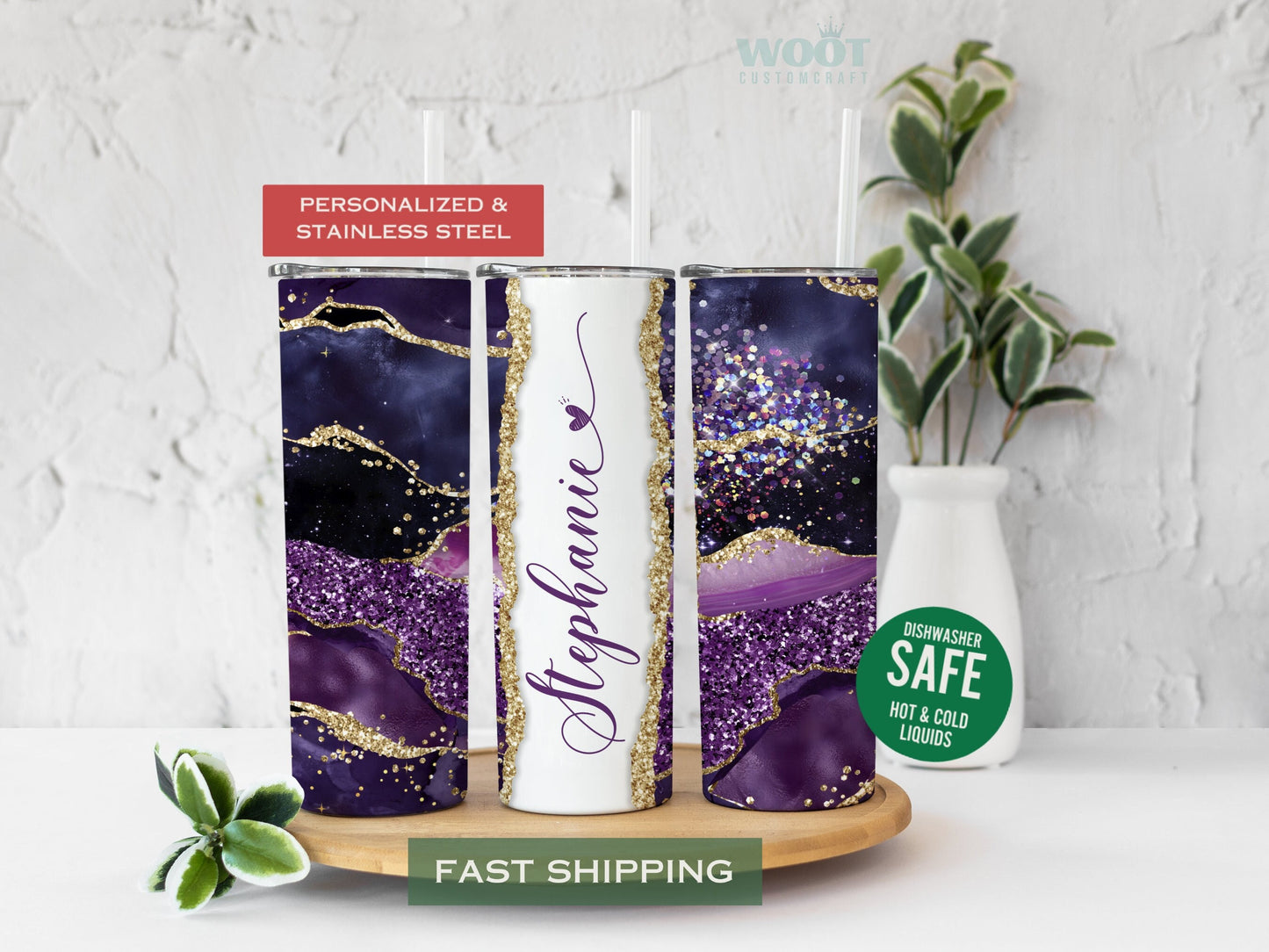 Personalized Purple Agate Tumbler - Custom Glitter Gift for Her or Mom