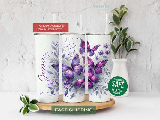 Three tumblers show all the sizes of a Glitter Purple Butterflies Tumbler with a personalized name.