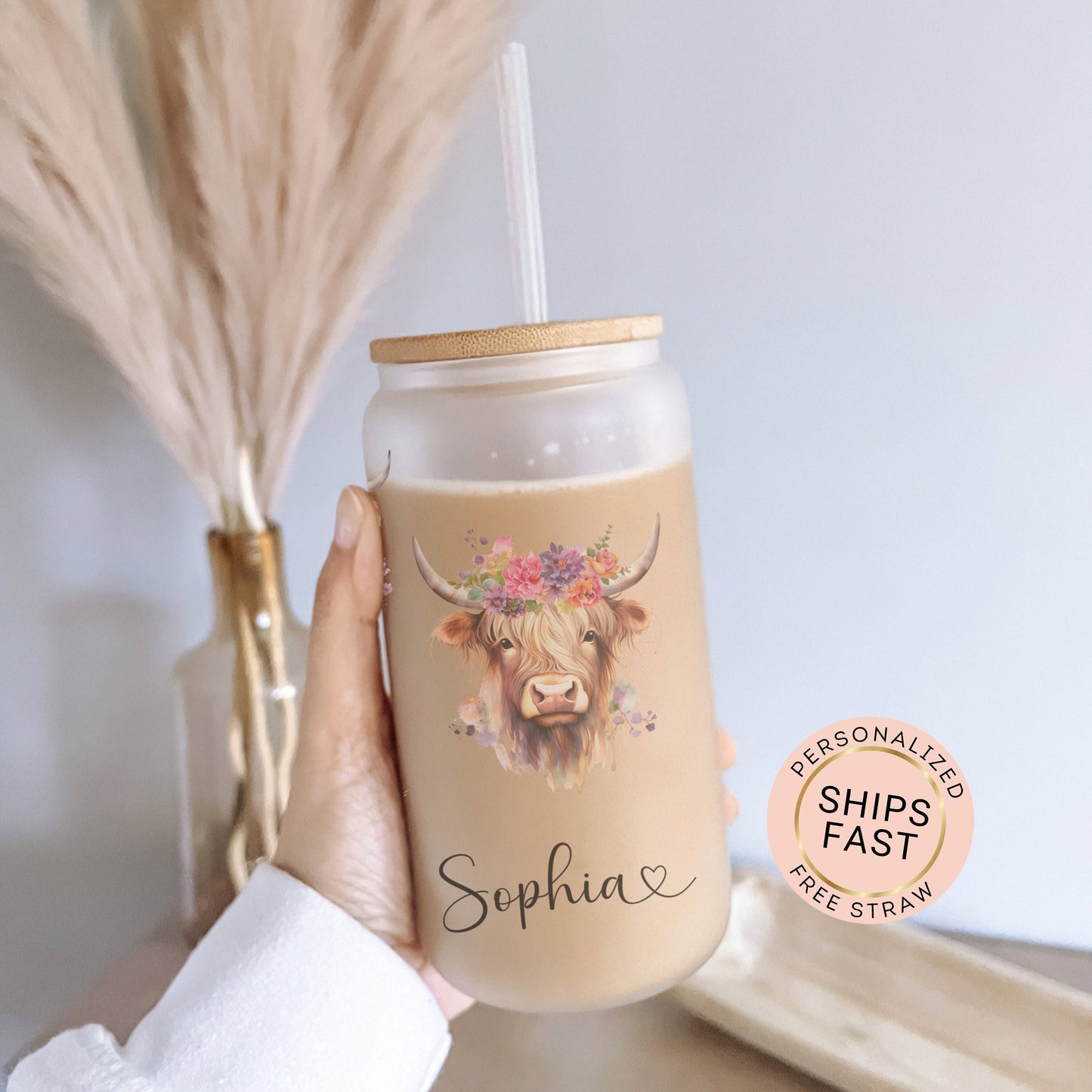Personalized Highland Cow Frosted Glass Tumbler - Custom Iced Coffee Cup for Cow Lovers