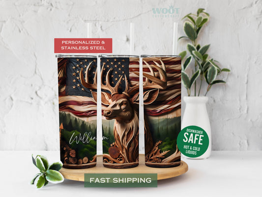 Three tumblers show the sides of personalized deer hunting tumblers with the name on the button.