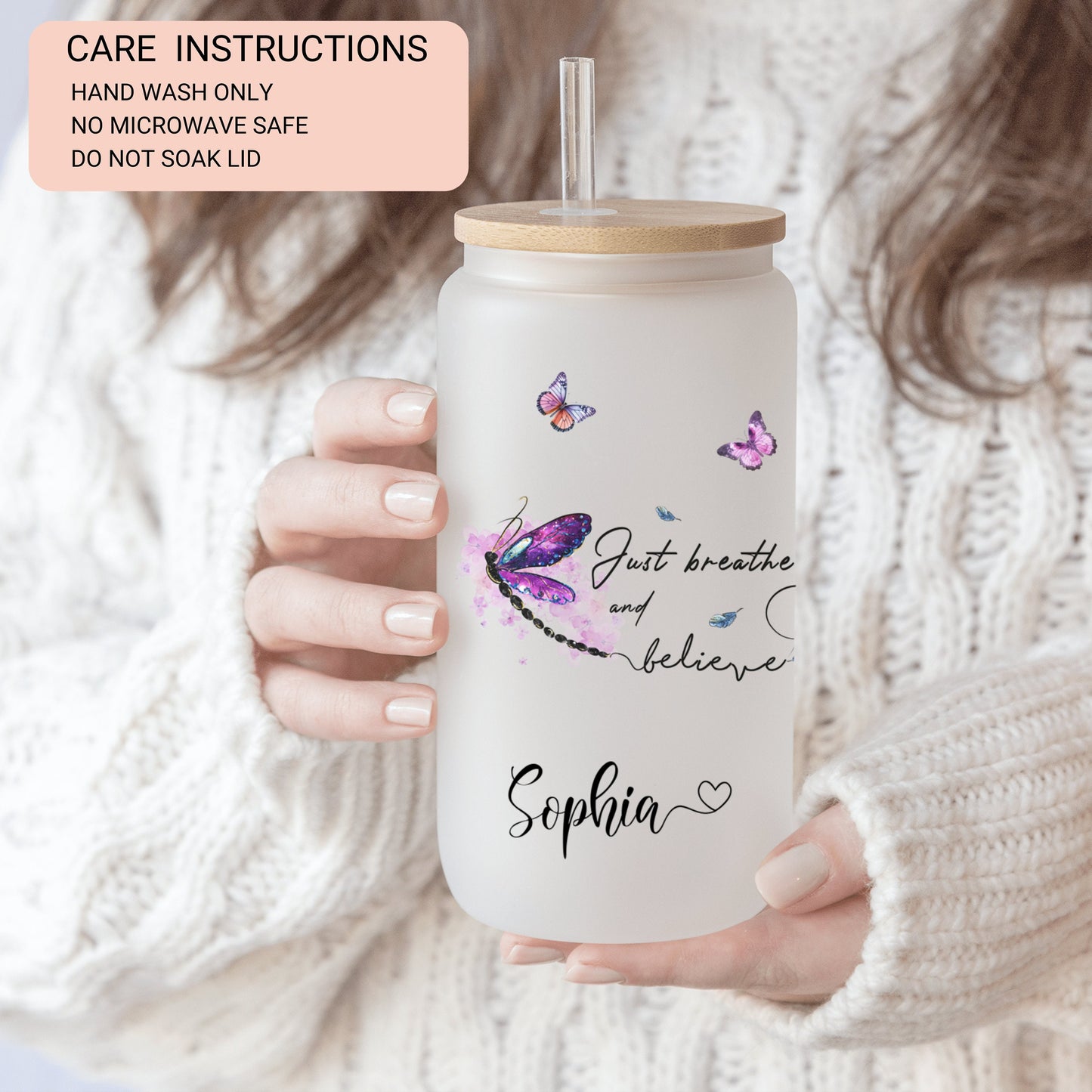 Personalized Dragonfly Frosted Tumbler - Just Breathe Iced Coffee Gift