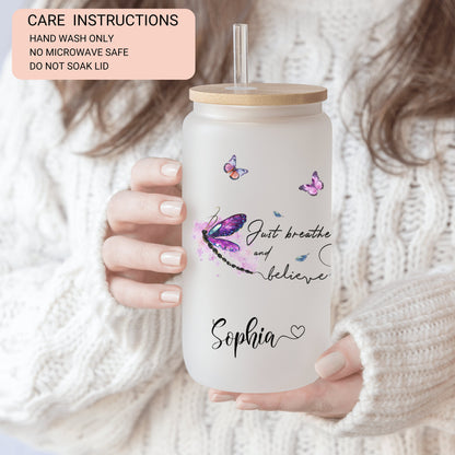 Personalized Dragonfly Frosted Tumbler - Just Breathe Iced Coffee Gift