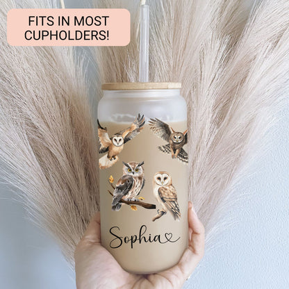 Personalized Owl Frosted Glass Cup - Custom Iced Coffee Tumbler for Owl Lovers