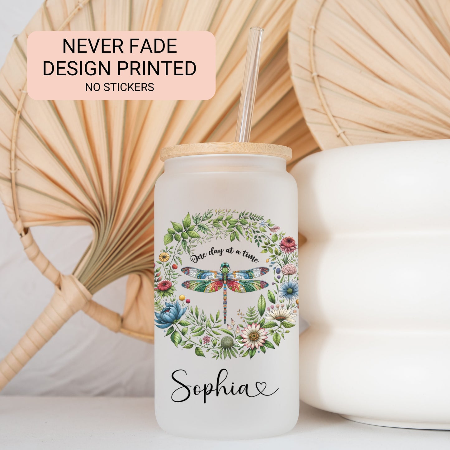 Personalized Dragonfly Frosted Glass Cup - Custom Tumbler for Coffee Lovers