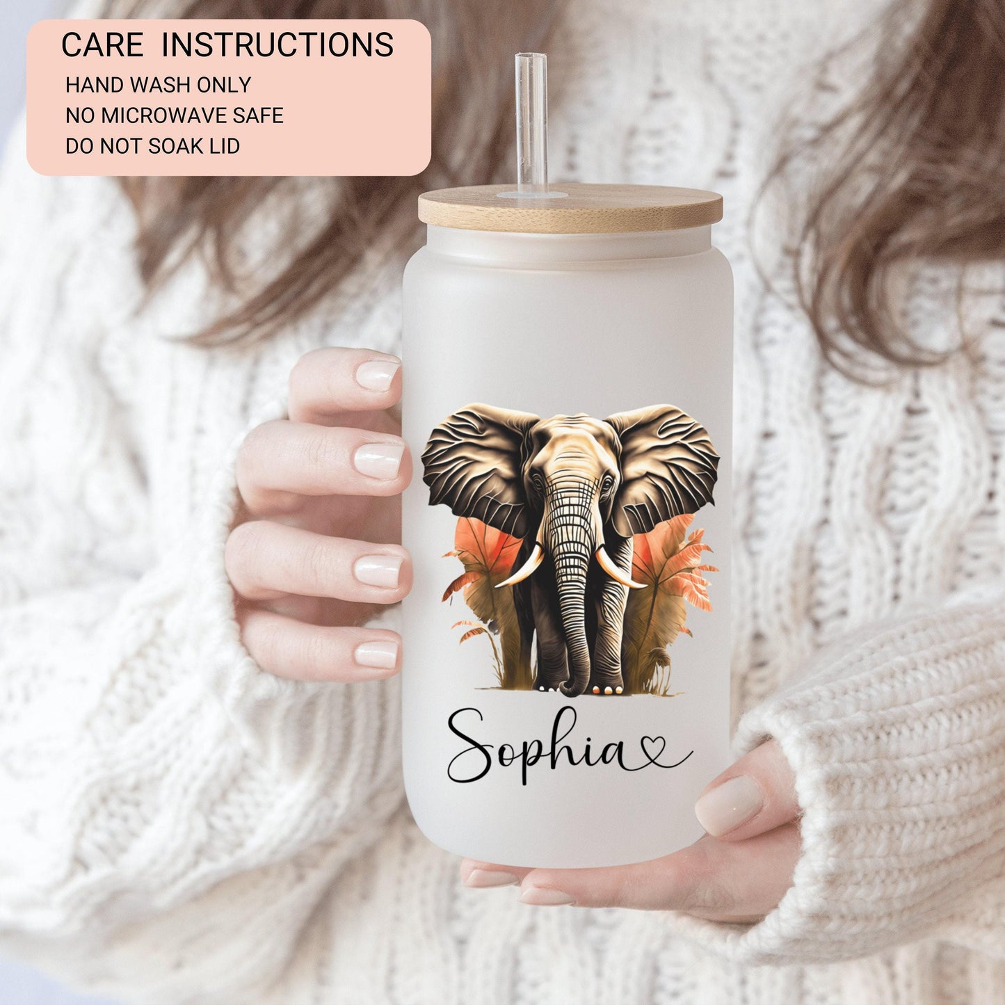 Personalized Elephant Glass Cup - Custom Frosted Iced Coffee Tumbler Gift for Her