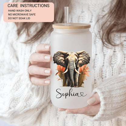 Personalized Elephant Glass Cup - Custom Frosted Iced Coffee Tumbler Gift for Her