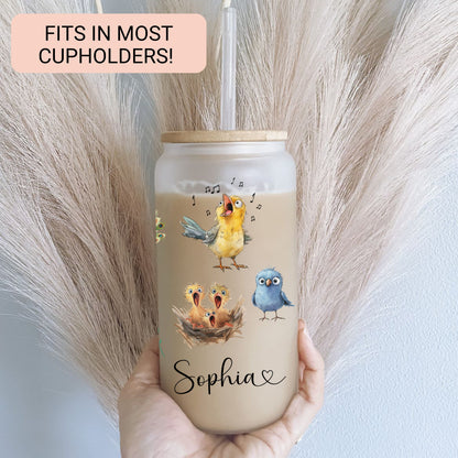 Personalized Funny Bird Glass Cup - Custom Frosted Tumbler for Iced Coffee