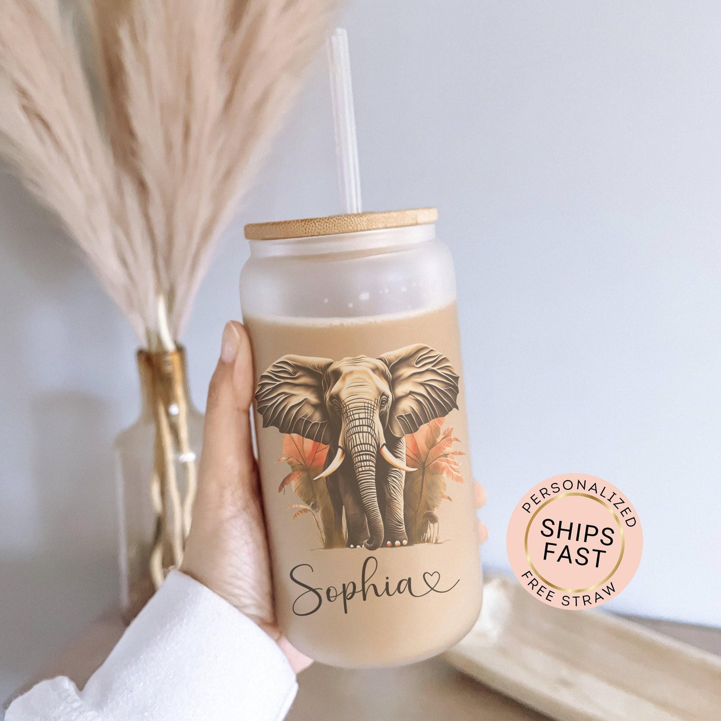 Personalized Elephant Glass Cup - Custom Frosted Iced Coffee Tumbler Gift for Her