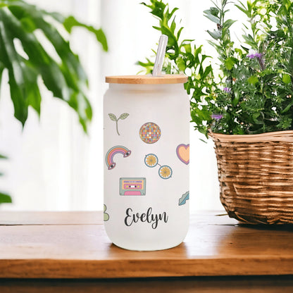 Personalized Retro Flower Glass Cup - Custom Frosted Iced Coffee Tumbler