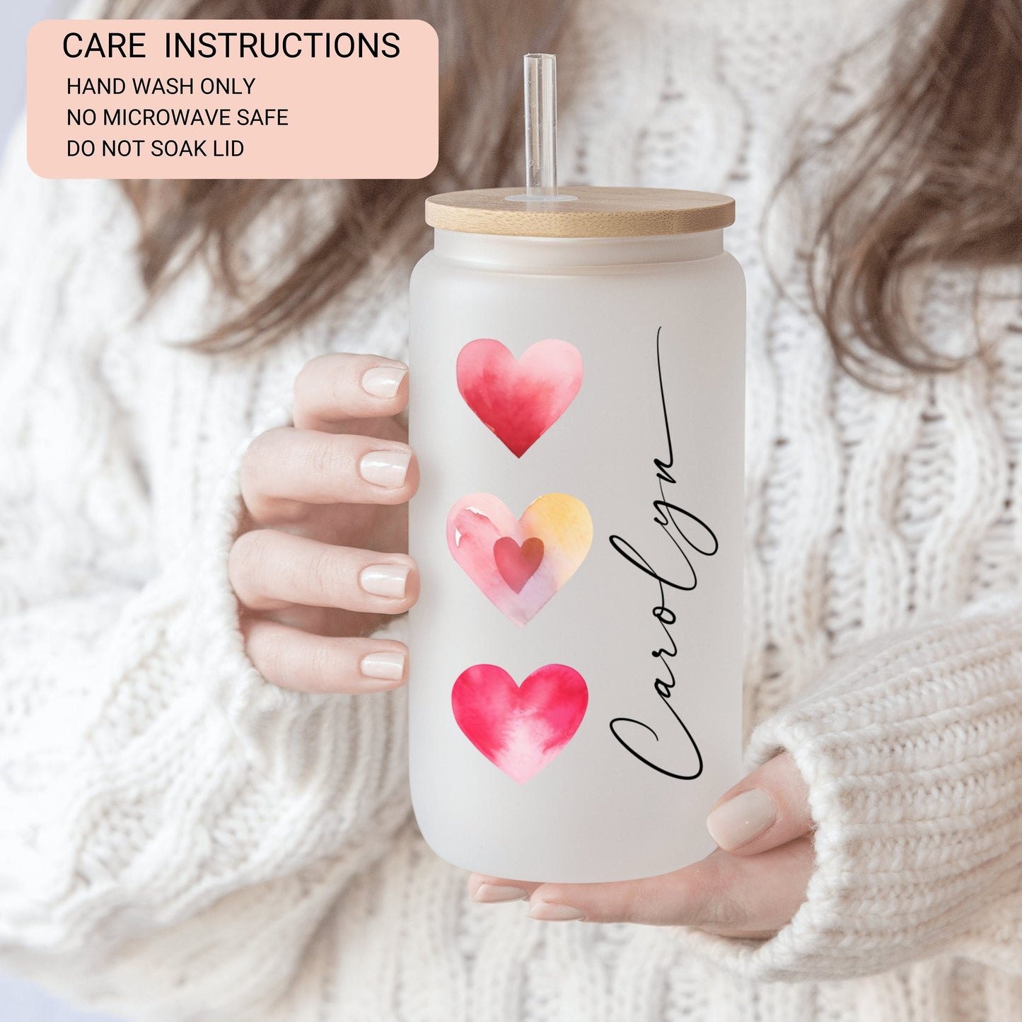 Red Heart Cup Personalized, Red Heart Glass Cup, Custom Red Heart Frosted Glass Cup, Red Heart Glass Tumbler, Red Heart Iced Coffee Cup Gift