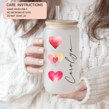 Red Heart Cup Personalized, Red Heart Glass Cup, Custom Red Heart Frosted Glass Cup, Red Heart Glass Tumbler, Red Heart Iced Coffee Cup Gift