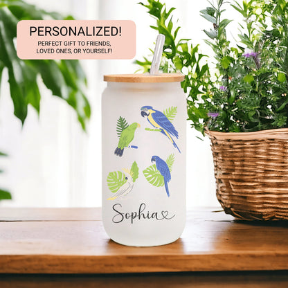 Personalized Parrot Frosted Glass Tumbler - Custom Tropical Iced Coffee Cup for Bird Lovers
