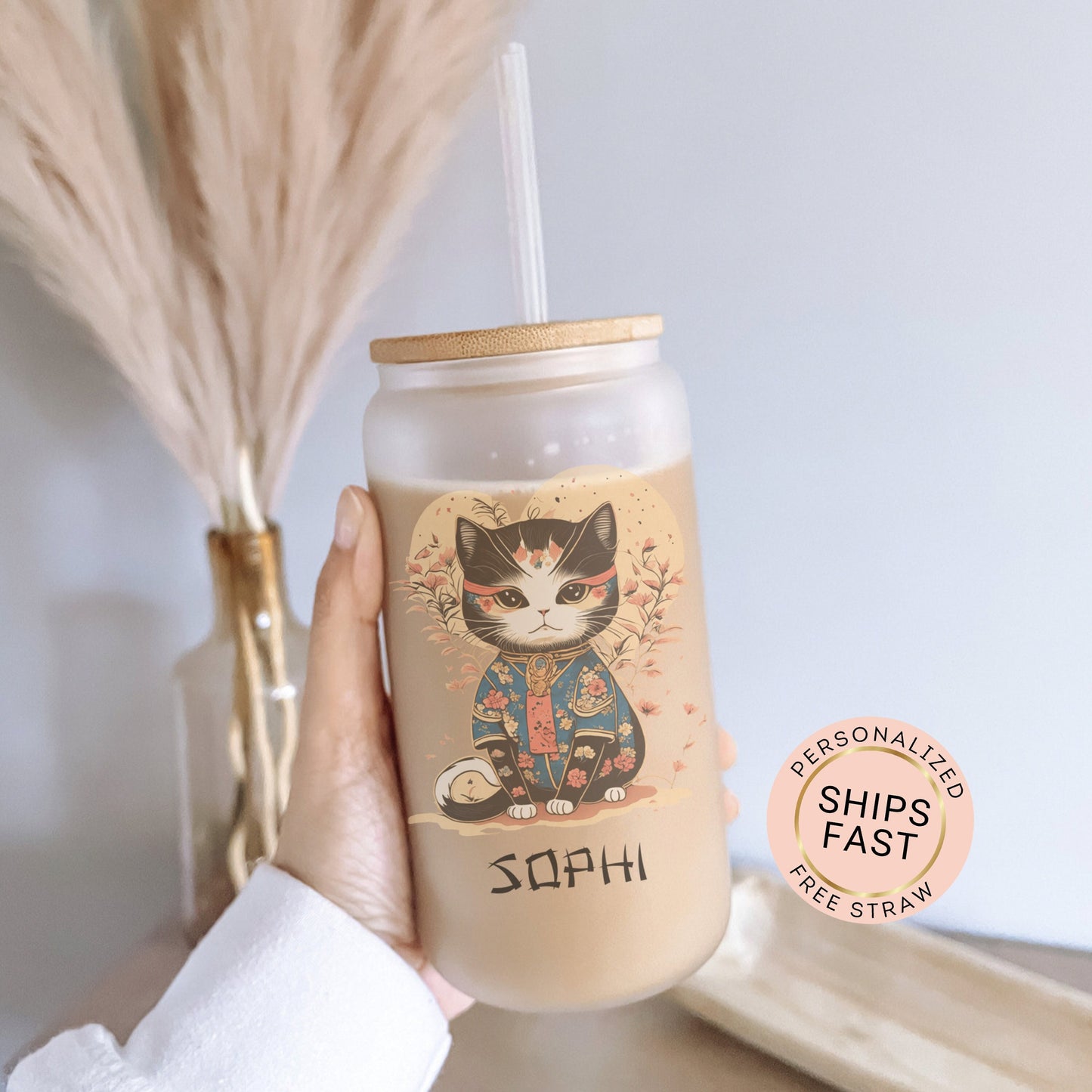 Personalized Japanese Cat Glass Tumbler - Custom Iced Coffee Gift for Cat Lovers