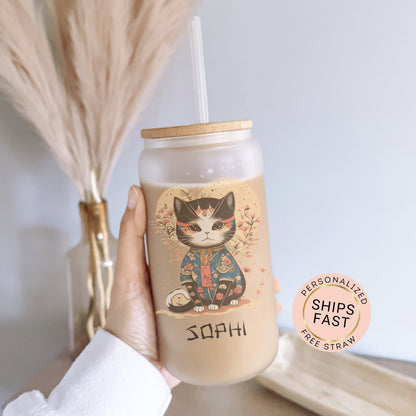 Personalized Japanese Cat Glass Tumbler - Custom Iced Coffee Gift for Cat Lovers